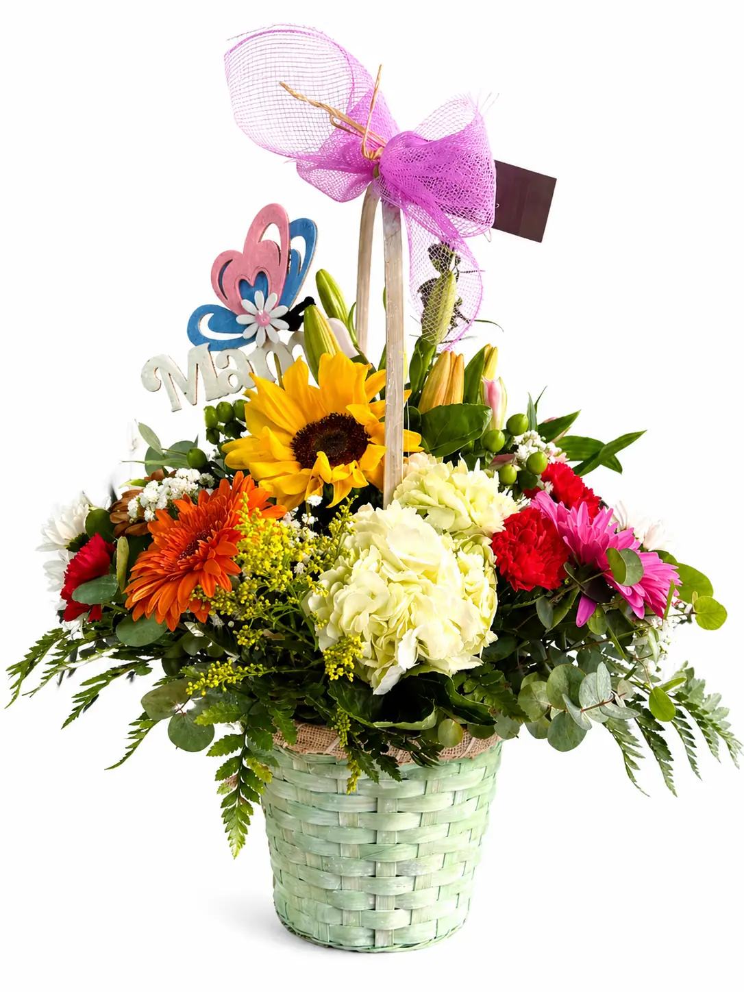 Centro de flores variadas en cesta