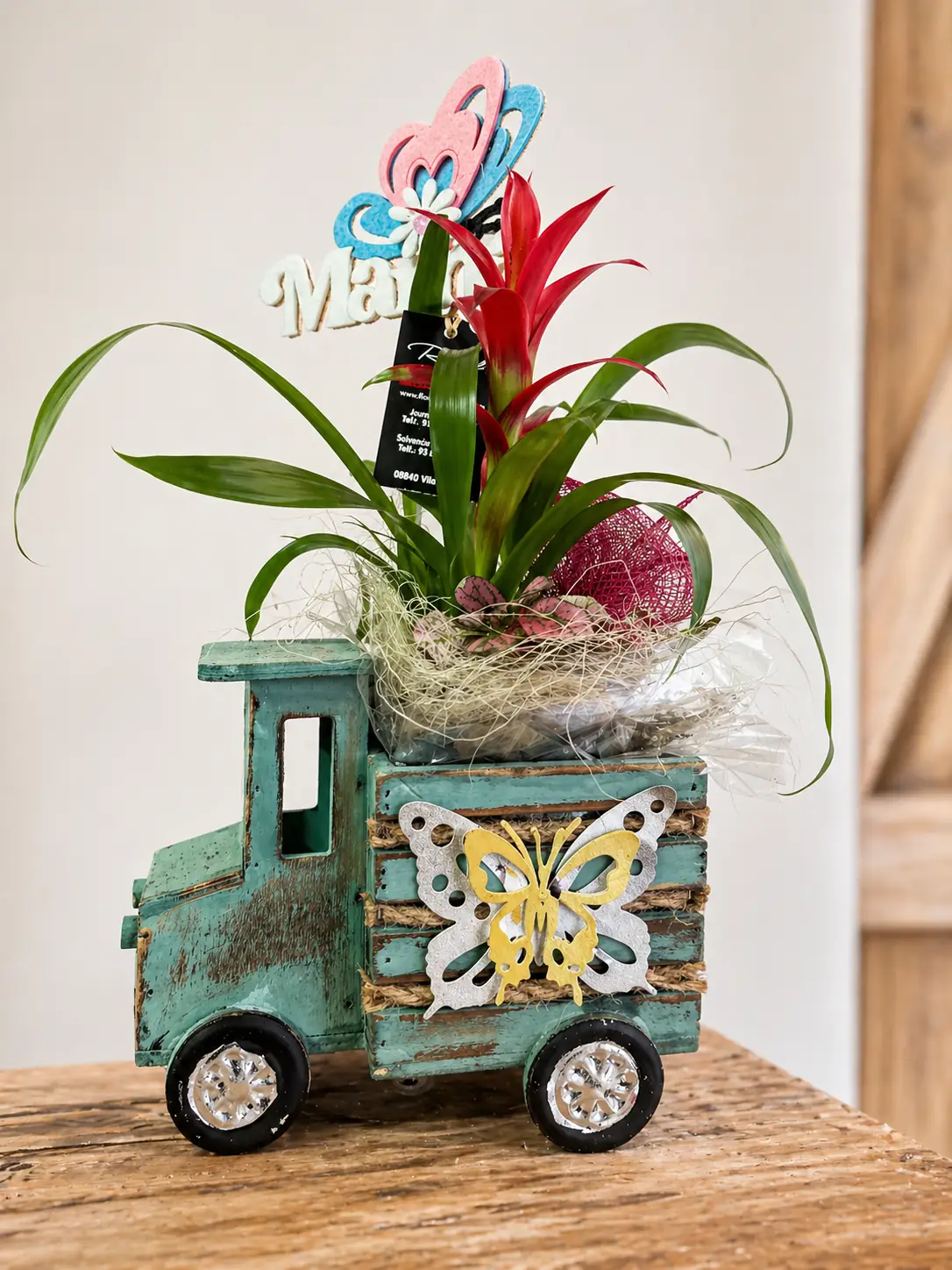 Camion Vintage con Bromelia Roja
